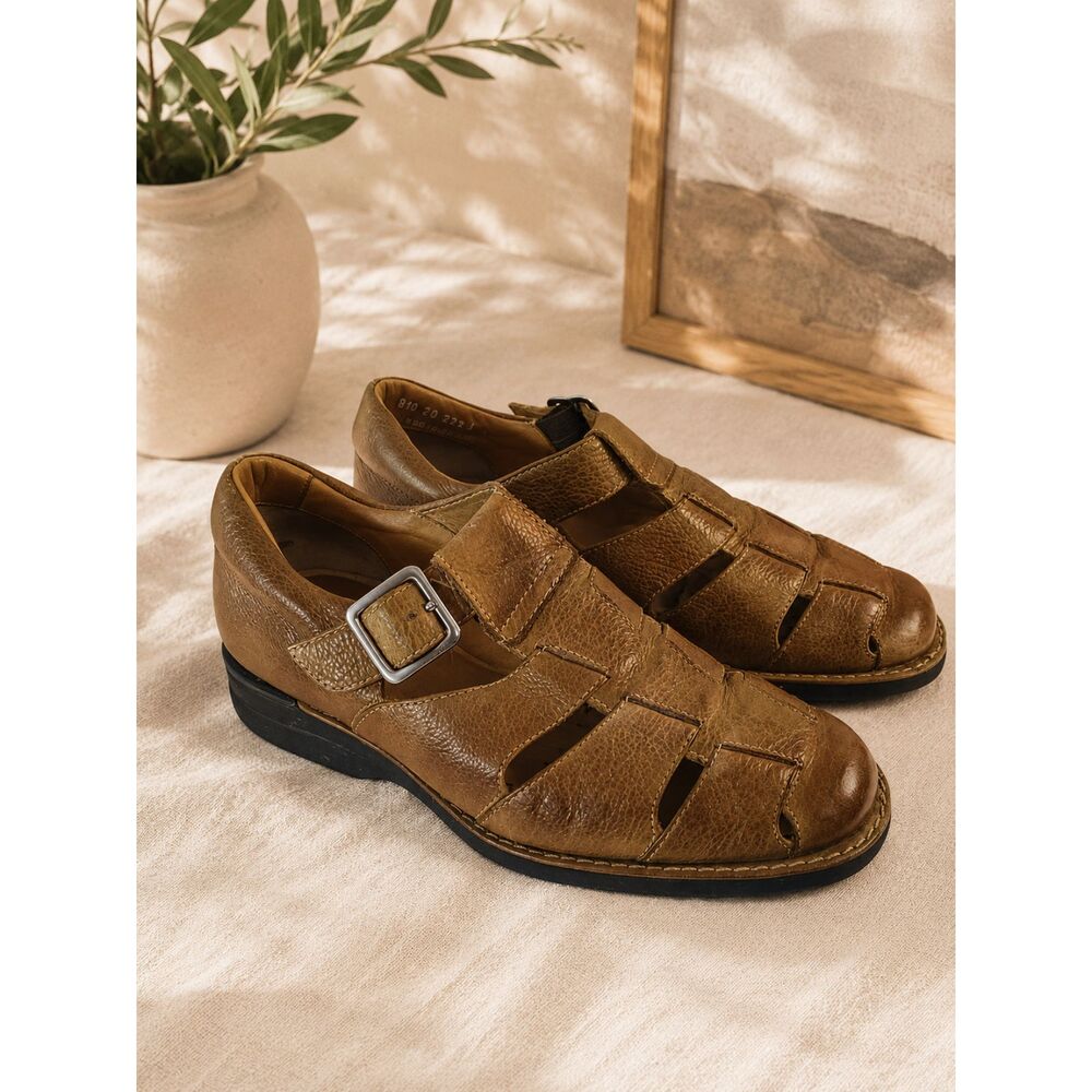 JOHNSTON & MURPHY Brown Leather Fisherman Sandal 8M Men's Closed Toe Buckle